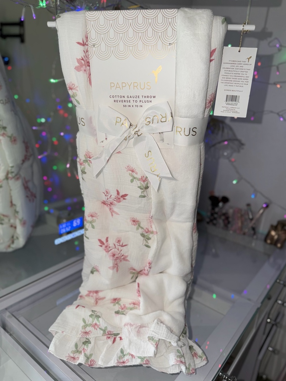 Papyrus Reversible cotton gauze throw ruffle hem pink wildflower throw blanket